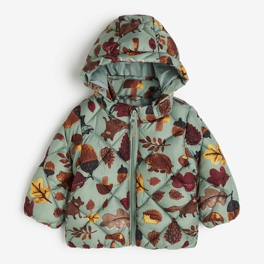 H&M puffer jacket hooded quilted baby boy unisex toddler sage forest animals